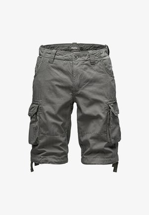 Gray cargo shorts made from lightweight fabric, featuring multiple side pockets, a button closure, and adjustable hems for fit.