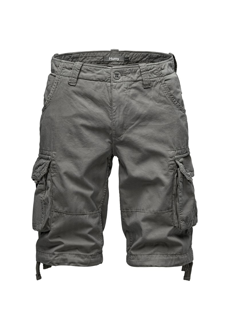 Gray cargo shorts made from lightweight fabric, featuring multiple side pockets, a button closure, and adjustable hems for fit.