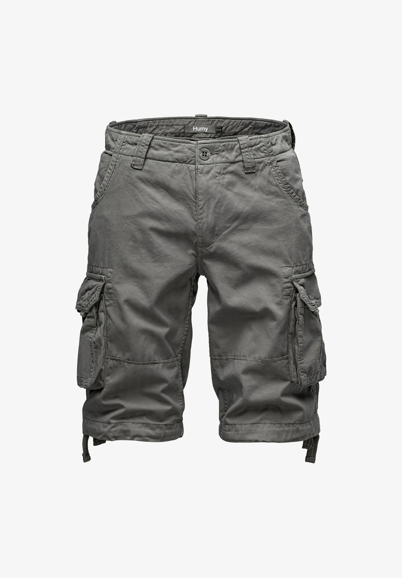 Gray cargo shorts made from lightweight fabric, featuring multiple side pockets, a button closure, and adjustable hems for fit.