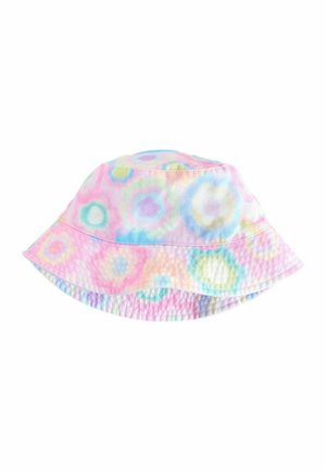 Pastel pink bucket hat with multicolored, soft-edged circular floral patterns and a gently wavy brim.