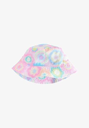 Chapeau seau rose pastel avec des motifs floraux circulaires multicolores aux contours doux et un bord légèrement ondulé.