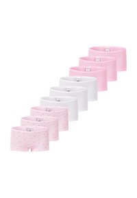 Set med nio bomullsboxershorts i rosa och vitt. Innehåller enfärgade shorts och ett par med rosa blommönster, samt mjuka elastiska midjeband.