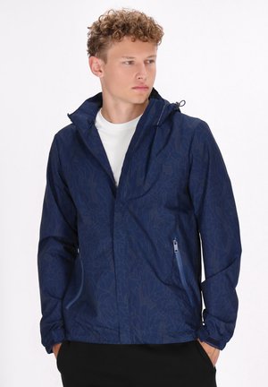 Giacca leggera blu navy con un motivo testurizzato, tasche con zip e cappuccio regolabile, dotata di maniche lunghe e vestibilità casual.