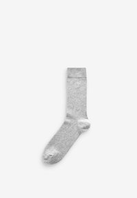 Grå sok lavet af blødt strikkemateriale, med en ribbet manchet og en glat overflade, samt et sømløst tådesign og uden synlige mønstre.