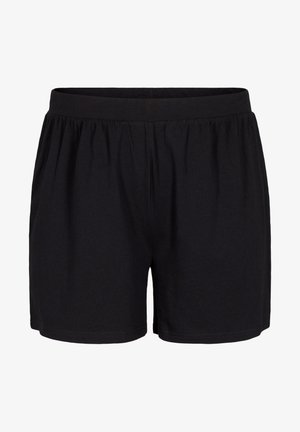 Črne kratke hlače z elastičnim pasom iz mehkega bombažnega materiala, z sproščenim krojem in brez žepov. Preprost dizajn z gladko teksturo.