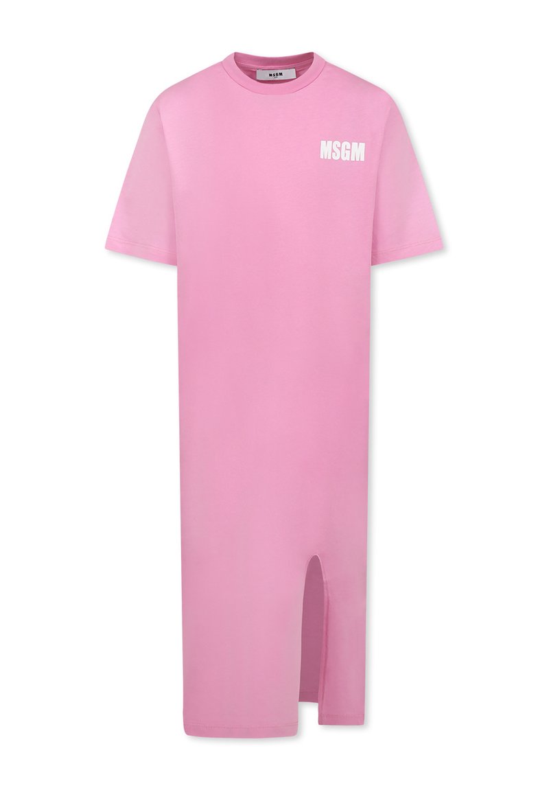 Abito in cotone rosa a t-shirt con scollatura rotonda, maniche corte, spacco laterale fino alla coscia e logo bianco "MSGM" sul petto sinistro.