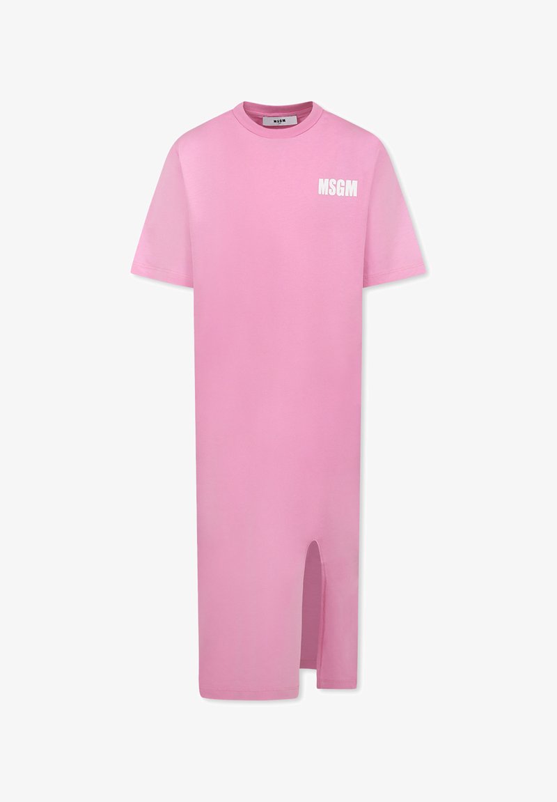 Abito in cotone rosa a t-shirt con scollatura rotonda, maniche corte, spacco laterale fino alla coscia e logo bianco "MSGM" sul petto sinistro.
