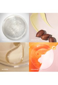 Fire ingredienser i separate seksjoner: krystall-liknende trehalose, kremete gul sheasmør, en dråpe klar glyserin, og oransje hyaluronsyre i geléform.