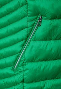 Zelená péřová bunda s prošívanou texturou, s diagonálním zipovým kapsičkem na přední straně. Hladký, lesklý povrch a lehký materiál.