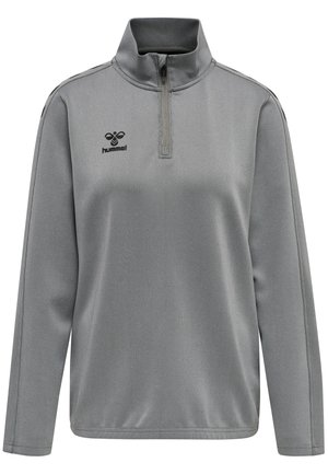 Grå quarter-zip fleece pullover med lange ærmer, tekstureret stof og broderet sort logo på brystet. Har en høj krave.