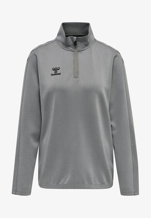 Grauer Fleece-Pullover mit Viertelreißverschluss, langen Ärmeln, strukturiertem Stoff und gesticktem schwarzem Logo auf der Brust. Mit Stehkragen.