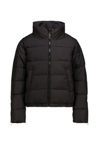 Schwarze Steppjacke mit hohem Kragen, zentralem Reißverschluss, zwei Fronttaschen und einem gesteppten Muster auf dem Material.