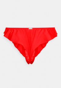 Parte de baixo de bikini vermelho com bordas com babados, feita de material suave. A parte da frente apresenta detalhes em malha e um pequeno accentuador metálico no centro.