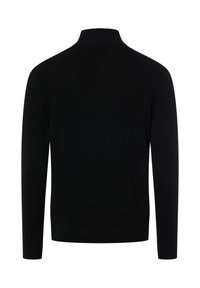 Schwarzer, gerippter Strickpullover mit hohem Kragen und langen Ärmeln, durchgehend mit einem strukturierten Muster im Stoff. Keine sichtbaren Logos oder Akzente.