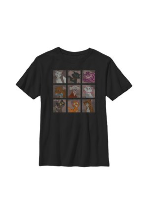 Czarny t-shirt z siatką 3x3 kolorowych kreskówkowych twarzy kotów z różnymi wyrazami i akcesoriami na przodzie.