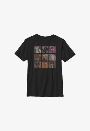 Sort t-shirt med et 3x3 gitter af farverige tegneserie katteansigter med forskellige udtryk og accessories på fronten.