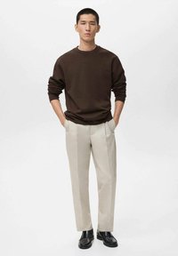 Felpa di cotone marrone con maniche lunghe, abbinata a pantaloni beige chiaro con sottili righe verticali e calzature nere.