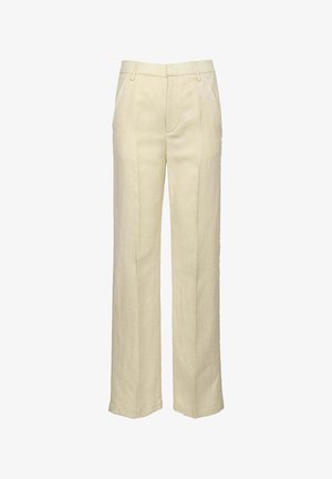 Pantaloni in lino beige con una silhouette a gamba larga, dotati di tasche anteriori inclinate e una vita strutturata per un fit sartoriale.