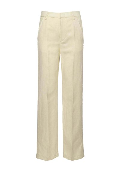 Pantalones de lino beige con un diseño de pierna ancha, que cuentan con bolsillos delanteros inclinados y una cinturilla ajustada para un ajuste estructurado.