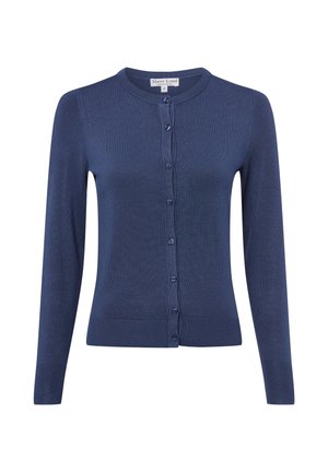 Marineblauer Strickcardigan mit rundem Ausschnitt, langen Ärmeln und Knopfverschluss. Mit geripptem Saum und Bündchen. Glatte Textur.