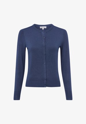 Marineblauer Strickcardigan mit rundem Ausschnitt, langen Ärmeln und Knopfverschluss. Mit geripptem Saum und Bündchen. Glatte Textur.