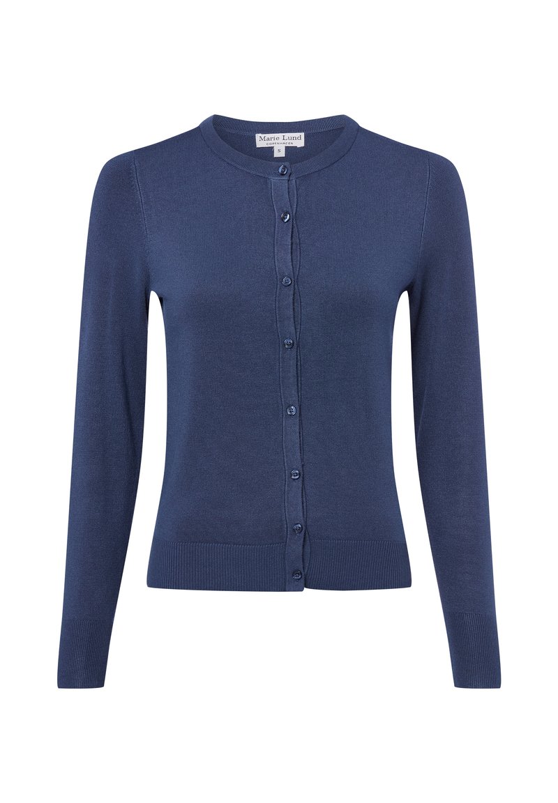 Marineblauer Strickcardigan mit rundem Ausschnitt, langen Ärmeln und Knopfverschluss. Mit geripptem Saum und Bündchen. Glatte Textur.