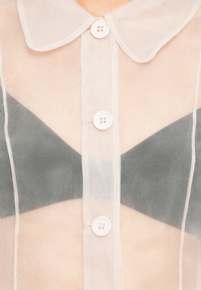 Läbipaistev blousee heledast roosast kraest, kuuest valgest nööbist ja hallist voodrist. Omab õhukest kangast, mille pind on sile.