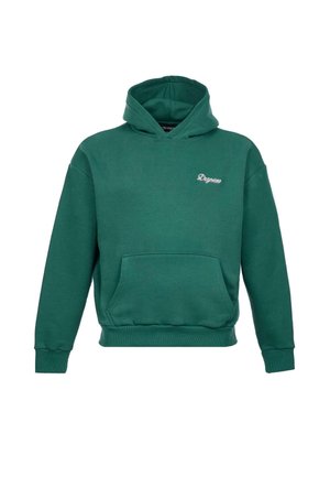 Roheline kapuutsiga särk, mis on valmistatud puuvillasegust, millel on kengurtasku, soonikkoes varrukad ja diskreetne logo, mis on tikitud rinna juurde.