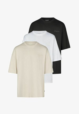 Drei kurzärmlige T-Shirts in Schwarz, Weiß und Beige. Weicher Stoff, lockere Passform, Rundhalsausschnitt mit minimalem Branding auf der Brust.