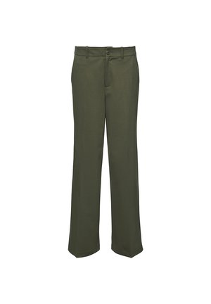 Olive zelené nohavice s rovnými nohavicami vyrobené z hladkej tkaniny. Obsahujú jeden predný gombík a zips so slučkami na opasok. Bez viditeľných vzorov.