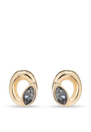 Pendientes de aro en tono dorado, cada uno con una única piedra preciosa gris oscuro con talla marquesa en la base.