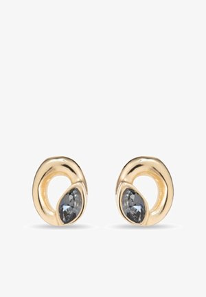 Pendientes de aro en tono dorado, cada uno con una única piedra preciosa gris oscuro con talla marquesa en la base.
