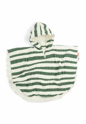 Hætteklædt babyponcho med grønne og hvide vandrette striber, lavet af tekstureret blødt stof, med trykknapper i siderne og en lille brandetiket.