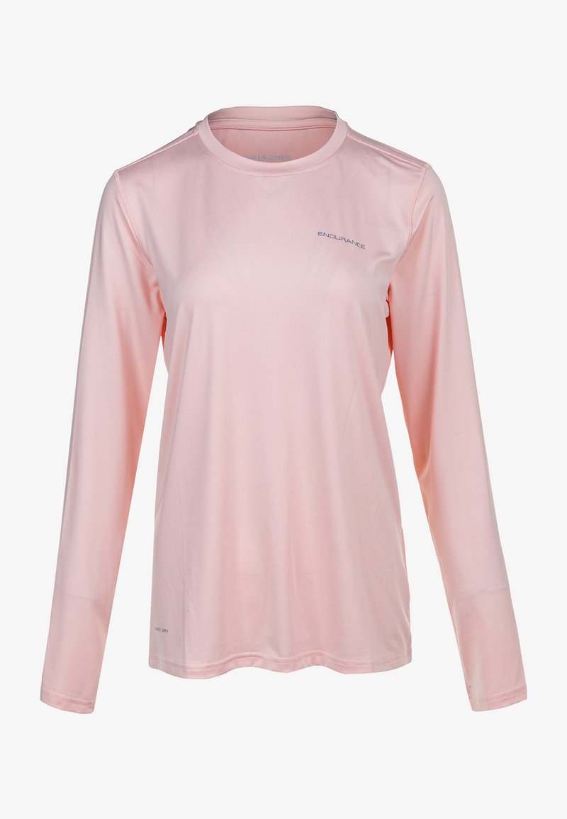 Helles rosa langärmliges Sportshirt aus feuchtigkeitsableitendem Material, mit rundem Halsausschnitt und dezentem Logodetail auf der Vorderseite.