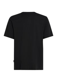 Sort kortærmet t-shirt lavet af blødt stof, med rund halsudskæring og løs pasform. Ingen synlige mønstre eller grafik set fra bagfra.
