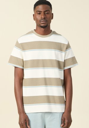 Gestreiftes T-Shirt aus strukturiertem Baumwollstoff, mit horizontalen Bändern in Beige, Weiß und Hellblau. Rundhalsausschnitt und kurze Ärmel.