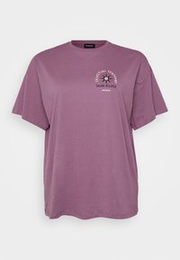 Purple cotton t-shirt with short sleeves, loose fit. Features front graphic text and design representing a solar eclipse.