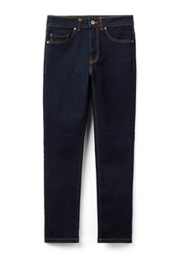 Tmavě modré džíny se slim fit, s oranžovým švem, přední kapsou a klasickým zapínáním na knoflík a zip.