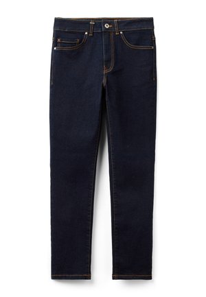 Dunkelblaue Jeans aus Denim mit schlanker Passform, verziert mit orangenen Nähten, einer vorderen Tasche und einem klassischen Knopf- und Reißverschluss.