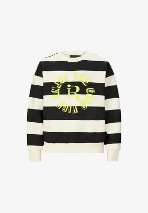 Zwart-wit gestreepte sweatshirt met ronde hals. Voorzien van een neon groene graphic tekst "GENIET VAN DE GOEDE SFEER" en logo op de voorkant.