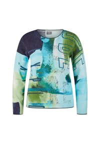 Langärmliger Pullover mit abstrakten Mustern in Blau, Grün und Marine sowie verstreuten schwarzen Punkten, ausgestattet mit einem runden Halsausschnitt und einem lockeren Schnitt.