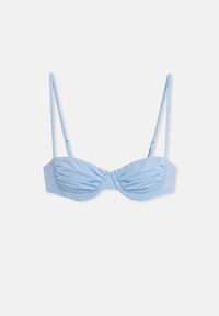 Light blue ruched fabric bra with underwire cups and adjustable thin shoulder straps on a plain background.