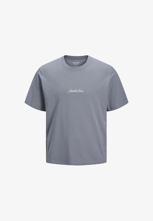 T-shirt gris clair à manches courtes et col rond avec le texte du logo "Jack & Jones" centré sur la poitrine en police blanche manuscrite.