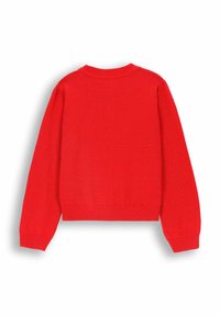 Czerwony sweter z dzianiny, z długimi rękawami, okrągłym dekoltem i ściągaczami przy mankietach. Projekt jest prosty z krótkim krojem.