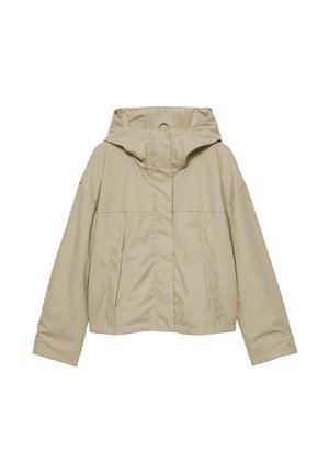 Beige zkrácená bunda s přiléhavou kapucí, hladkým povrchem, širokými rukávy a dvěma předními kapsami. Minimalistický design, žádné viditelné zapínání.