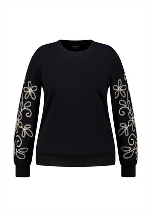 Zwarte sweatshirt met lange mouwen, voorzien van intricaat wit bloemenborduurwerk op beide mouwen en ribgebreide manchetten en onderkant.