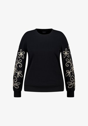 Zwarte sweatshirt met lange mouwen, voorzien van intricaat wit bloemenborduurwerk op beide mouwen en ribgebreide manchetten en onderkant.