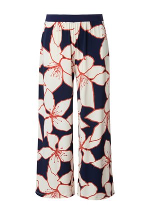 Breddebenede bukser i marineblå med store hvide blomster omridset af koral, med elastisk talje og blødt, letvægtsstof.