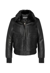 Giacca bomber in pelle nera con collo in shearling, chiusura con zip, due tasche frontali e polsini e orlo a costine. Texture liscia, interno non foderato.