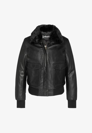 Chaqueta bomber de cuero negro con cuello de borrego, cierre de cremallera, dos bolsillos delanteros y puños y dobladillo acanalados. Textura lisa, interior sin forrar.